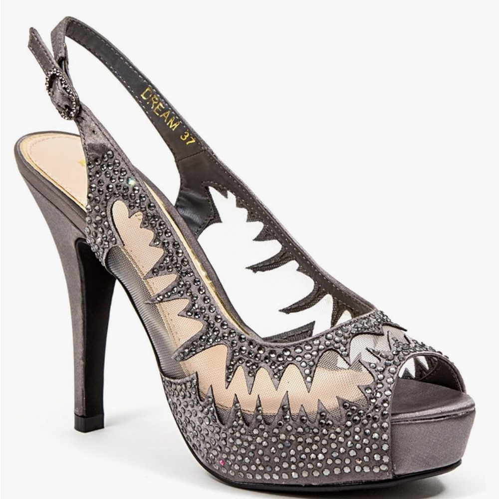 Lady Couture Spicy Mid Heel Dressy Mesh Slingback Platform Shoe Pewter W9 NEW